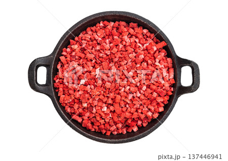 Lyophilized strawberry granules with crunchy texture in bowl. Natural superfood ingredient for desserts baking Lyophilized strawberry granules with crunchy texture in bowl. Natural superfood ingredient for desserts baking 137446941