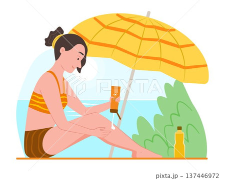 Young Woman Apply Sunscreen Lotion on Body before Sunbathing on the Beach for Summer Vacation and Outdoor Recreation Lifestyle Concept Illustration Clip Art Young Woman Apply Sunscreen Lotion on Body before Sunbathing on the Beach for Summer Vacation and Outdoor Recreation Lifestyle Concept Illustration Clip Art 137446972