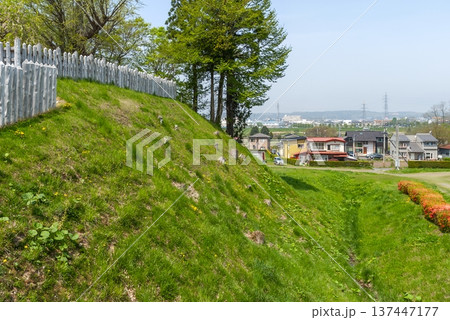 八戸・史跡根城の堀跡と城塁、新緑に包まれる中世城郭の遺構と木柵の景観 137447177