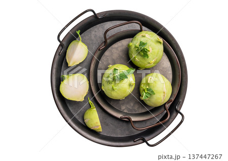 Raw kohlrabi on steel tray, Vegetable from Organic farm isolated on white backround. top view 137447267