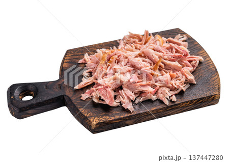 shredded or Pulled Chicken meat on wooden board isolated on white background 137447280