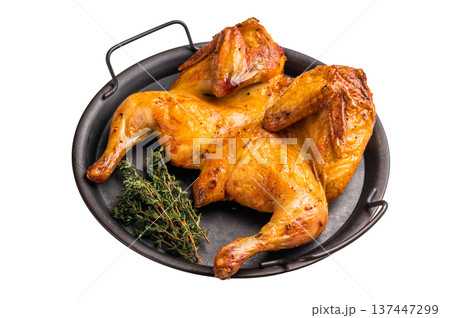 Roast Spatchcocked Chicken, poultry meat with herbs and spices isolated on white background. top view 137447299