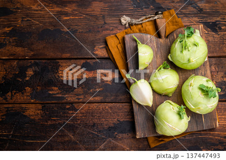 Cabbage kohlrabi on wooden board, raw Organic Vegetable. wooden backround. top view 137447493