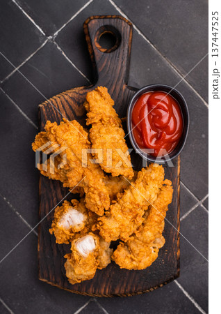 Fried chicken tenders or strips with hot sauce. black background. top view Fried chicken tenders or strips with hot sauce. black background. top view 137447525