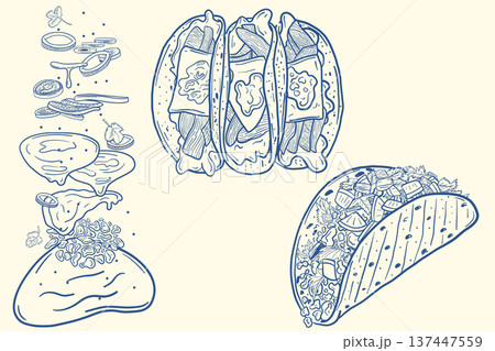 Taco outline set with Mexican street food and ingredients in hand drawn vintage style Taco outline set with Mexican street food and ingredients in hand drawn vintage style 137447559