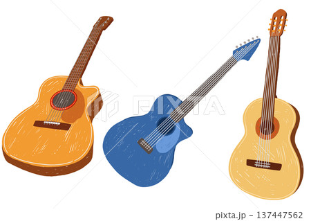 Acoustic guitar set with classic string instruments in hand drawn vintage style Acoustic guitar set with classic string instruments in hand drawn vintage style 137447562