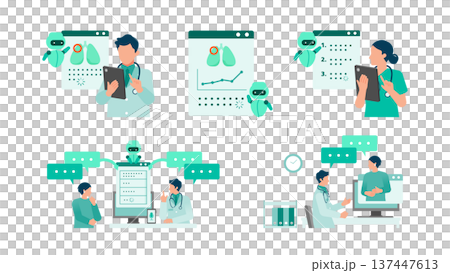 一套包含 5 張用於人工智慧醫療診斷和遠距醫療的 DX 圖像插圖 137447613