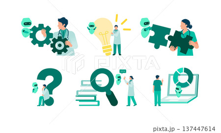 AIと協力する医師の医療DXイメージイラストセット AIと協力する医師の医療DXイメージイラストセット 137447614