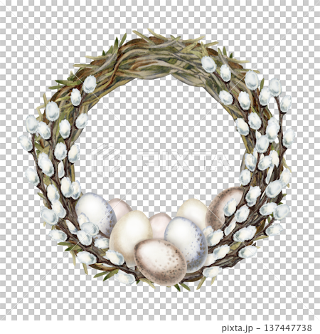 Wreath with willow branches, Easter eggs. Botanical watercolor clipart of spring renewal and Easter celebration isolated on white background for invitations, cards and seasonal design. 137447738
