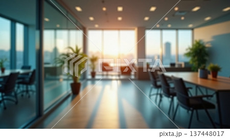 Abstract office interior background. Blurry office space. Modern workspace design with plants, blurred furniture and glass walls. Natural light, commercial building, business concept. 137448017
