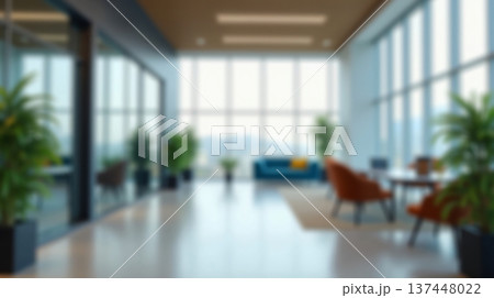Abstract office interior background. Blurry office space. Modern workspace design with plants, blurred furniture and glass walls. Natural light, commercial building, business concept. Abstract office interior background. Blurry office space. Modern workspace design with plants, blurred furniture and glass walls. Natural light, commercial building, business concept. 137448022