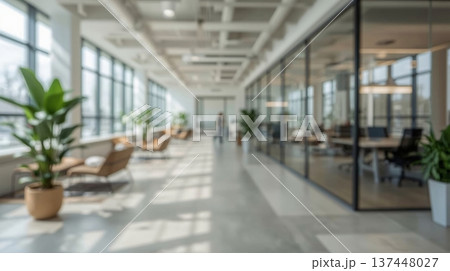 Abstract office interior background. Blurry office space. Modern workspace design with plants, blurred furniture and glass walls. Natural light, commercial building, business concept. Abstract office interior background. Blurry office space. Modern workspace design with plants, blurred furniture and glass walls. Natural light, commercial building, business concept. 137448027