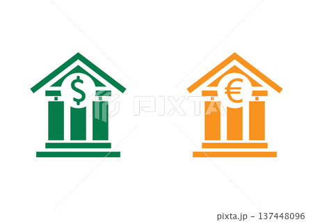 Bank icon illustration or building shape with dollar and euro sign for design, app, UI, logo. Bank icon illustration or building shape with dollar and euro sign for design, app, UI, logo. 137448096