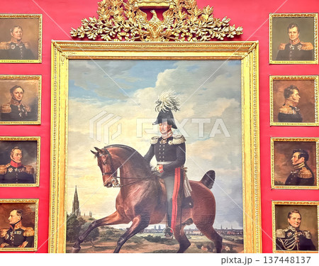 The luxurious interiors of the 1812 Military Gallery at the Hermitage Museum in St. Petersburg, Russia. The luxurious interiors of the 1812 Military Gallery at the Hermitage Museum in St. Petersburg, Russia. 137448137