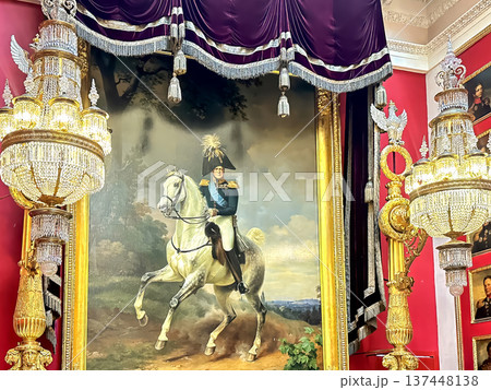 The luxurious interiors of the 1812 Military Gallery at the Hermitage Museum in St. Petersburg, Russia. The luxurious interiors of the 1812 Military Gallery at the Hermitage Museum in St. Petersburg, Russia. 137448138