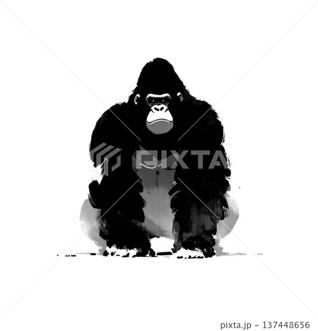 力強い筆致で描かれたゴリラの墨絵イラスト・和風水墨画の動物アート素材 137448656