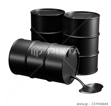 Black oil barrels with spilled crude oil isolated on white background 3D render 137448884