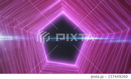 Magenta neon cube tunnel with glowing wireframe lines and lens flare, futuristic geometric corridor abstract background 137449260
