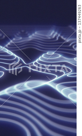Neon topographic contour lines forming a futuristic map-like surface with depth and perspective Neon topographic contour lines forming a futuristic map-like surface with depth and perspective 137449263