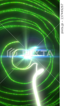 Bright green glowing orbit lines and dotted wave trails swirling around a white light core, creating an abstract energy field and futuristic spiral background 137449267