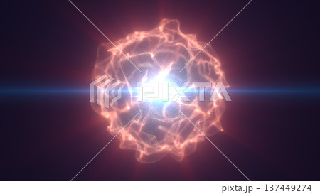 Abstract orange plasma energy sphere with bright blue lens flare and glowing wave membrane on dark background, futuristic science power core 137449274