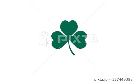 Green four leaf clover formed from four heart shapes on a clean white background. Simple lines and balanced symmetry. icons, nature themes, st. patrics day. 137449385