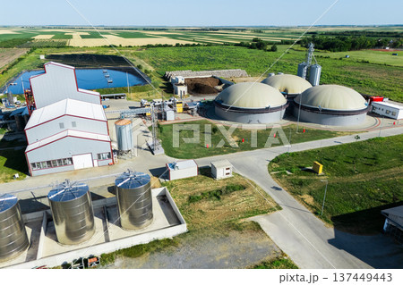 Aerial view of biogas plant using renewable energy for biomethane production. 137449443
