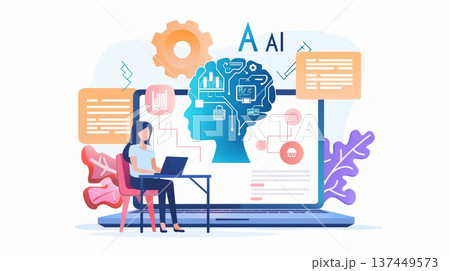 AIを使って学ぶ学生 ノートPCと人工知能の教育イラスト 137449573