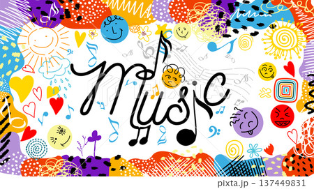 Horizontal cheerful decorative multicolored music background. Hand drawn. Not AI, vector illustration. Horizontal cheerful decorative multicolored music background. Hand drawn. Not AI, vector illustration. 137449831