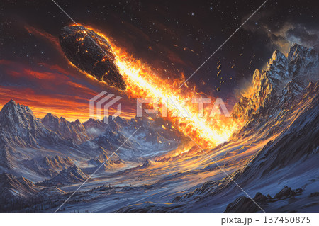 Fiery meteorite is falling through the sky, leaving a trail of fire behind it 137450875