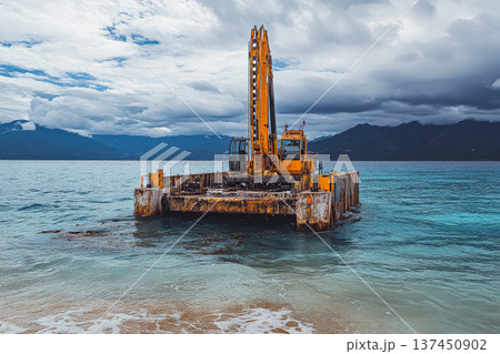 Large yellow construction vehicle is sitting in the water near the shore 137450902