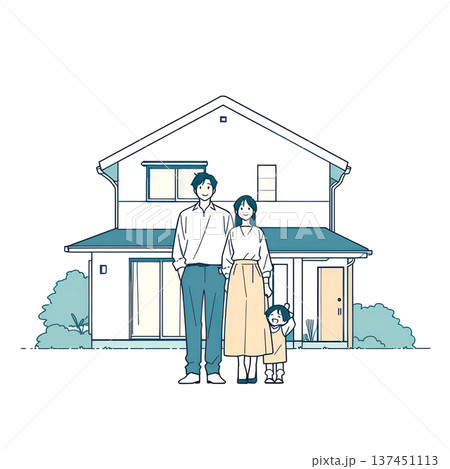 憧れのマイホームの前に立つ若い家族 137451113
