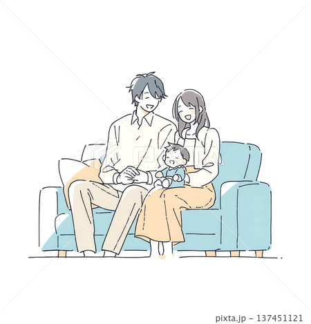 ソファに座る若い夫婦と赤ちゃんのイラスト 137451121
