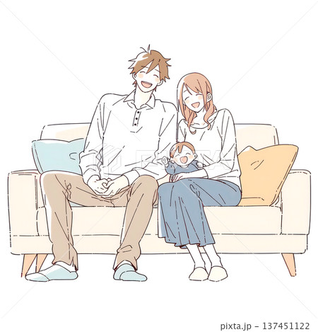 ソファに座る若い夫婦と赤ちゃんのイラスト ソファに座る若い夫婦と赤ちゃんのイラスト 137451122