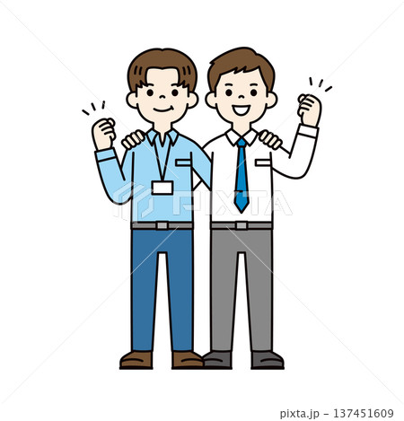 肩を組んでガッツポーズをする、2人のビジネスマン・サラリーマンの全身ベクターイラスト素材 137451609