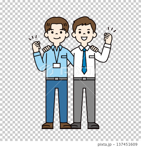 肩を組んでガッツポーズをする、2人のビジネスマン・サラリーマンの全身ベクターイラスト素材 137451609