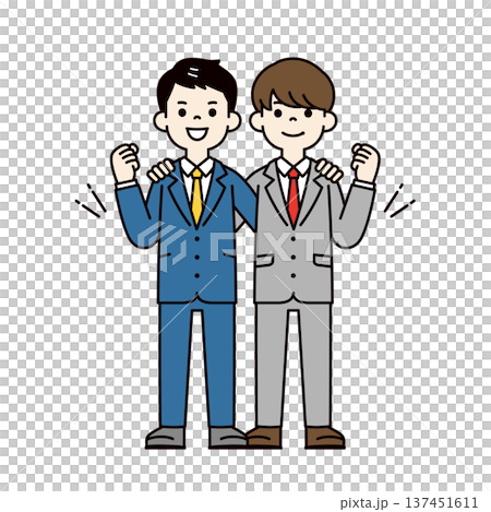 チームワークで頑張る、スーツを着た2人のビジネスマン・サラリーマンの全身ベクターイラスト素材 137451611