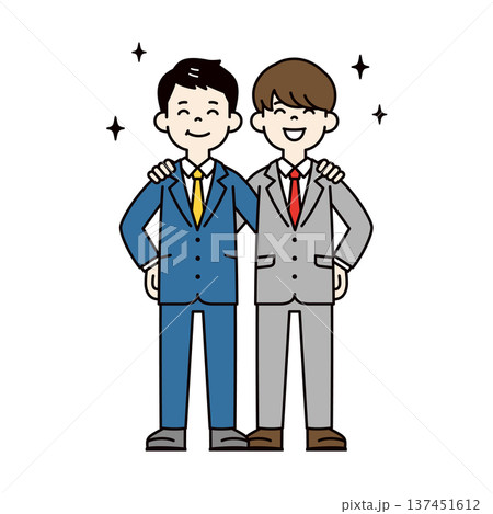 笑顔で肩を組む、スーツ姿の2人の男性社員・同僚・ビジネスマンの全身ベクターイラスト素材 笑顔で肩を組む、スーツ姿の2人の男性社員・同僚・ビジネスマンの全身ベクターイラスト素材 137451612