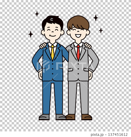 笑顔で肩を組む、スーツ姿の2人の男性社員・同僚・ビジネスマンの全身ベクターイラスト素材 笑顔で肩を組む、スーツ姿の2人の男性社員・同僚・ビジネスマンの全身ベクターイラスト素材 137451612