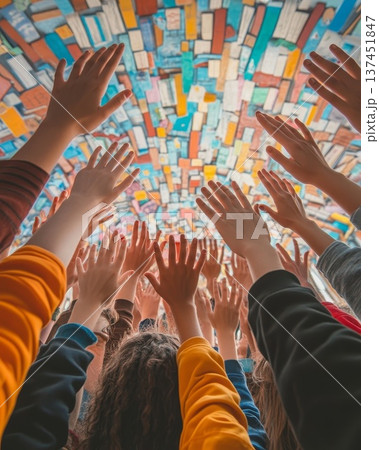 People Enthusiastically Reaching for a Vibrant, Colorful Ceiling in a Brightly Lit Space Together 137451847