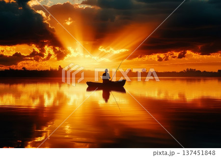 Serene Sunset Reflection Over a Man in a Small Boat on a Calm Lake Surrounded by Nature Serene Sunset Reflection Over a Man in a Small Boat on a Calm Lake Surrounded by Nature 137451848
