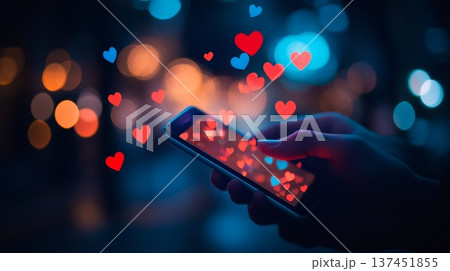 A person joyfully holding a smartphone, surrounded by floating colorful hearts in a bright, cheerful atmosphere. A person joyfully holding a smartphone, surrounded by floating colorful hearts in a bright, cheerful atmosphere. 137451855