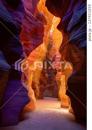 Serene Light Filtering Through a Narrow Canyon Slot, Highlighting the Textured Rock Faces and Vibrant Colors Serene Light Filtering Through a Narrow Canyon Slot, Highlighting the Textured Rock Faces and Vibrant Colors 137451859