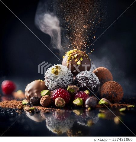 Exquisite assortment of assorted chocolates and crunchy nuts dusted with delicate powdered sugar for indulgent snacking. Exquisite assortment of assorted chocolates and crunchy nuts dusted with delicate powdered sugar for indulgent snacking. 137451860