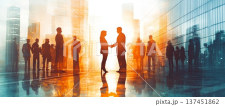 Professional Business Team Shaking Hands in a Modern Cityscape During Daytime Meeting for Collaboration Professional Business Team Shaking Hands in a Modern Cityscape During Daytime Meeting for Collaboration 137451862