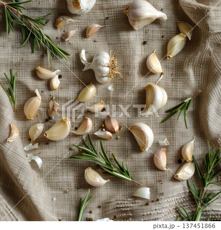Fresh Garlic and Fragrant Rosemary Displayed Beautifully on a Textured Cloth in Natural Light 137451866