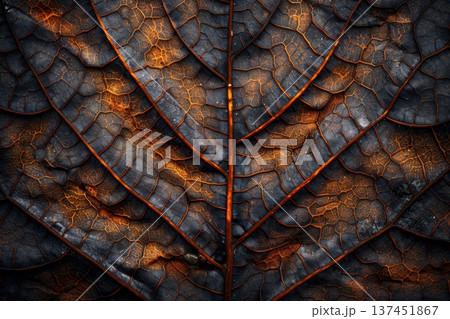 Close up of a vibrant green leaf illuminated by soft natural light against a dark background creating depth. 137451867