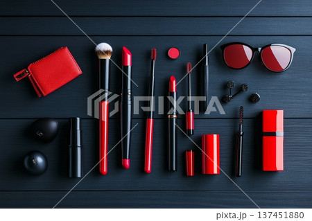 A Vibrant Collection of Makeup Products Displayed Elegantly on a Table with Various Colors and Textures A Vibrant Collection of Makeup Products Displayed Elegantly on a Table with Various Colors and Textures 137451880