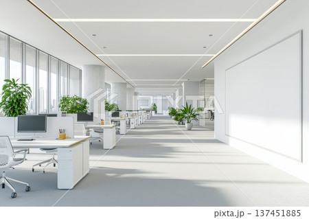 Bright and Spacious Modern Office Space Featuring Large Windows and Minimalist Design for Enhanced Productivity and Comfort 137451885
