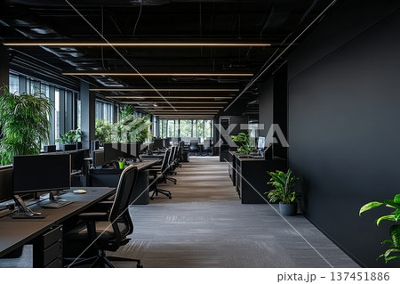 Expansive Open Office Space Filled with Modern Desks and Collaborative Workstations for Creative Teams 137451886